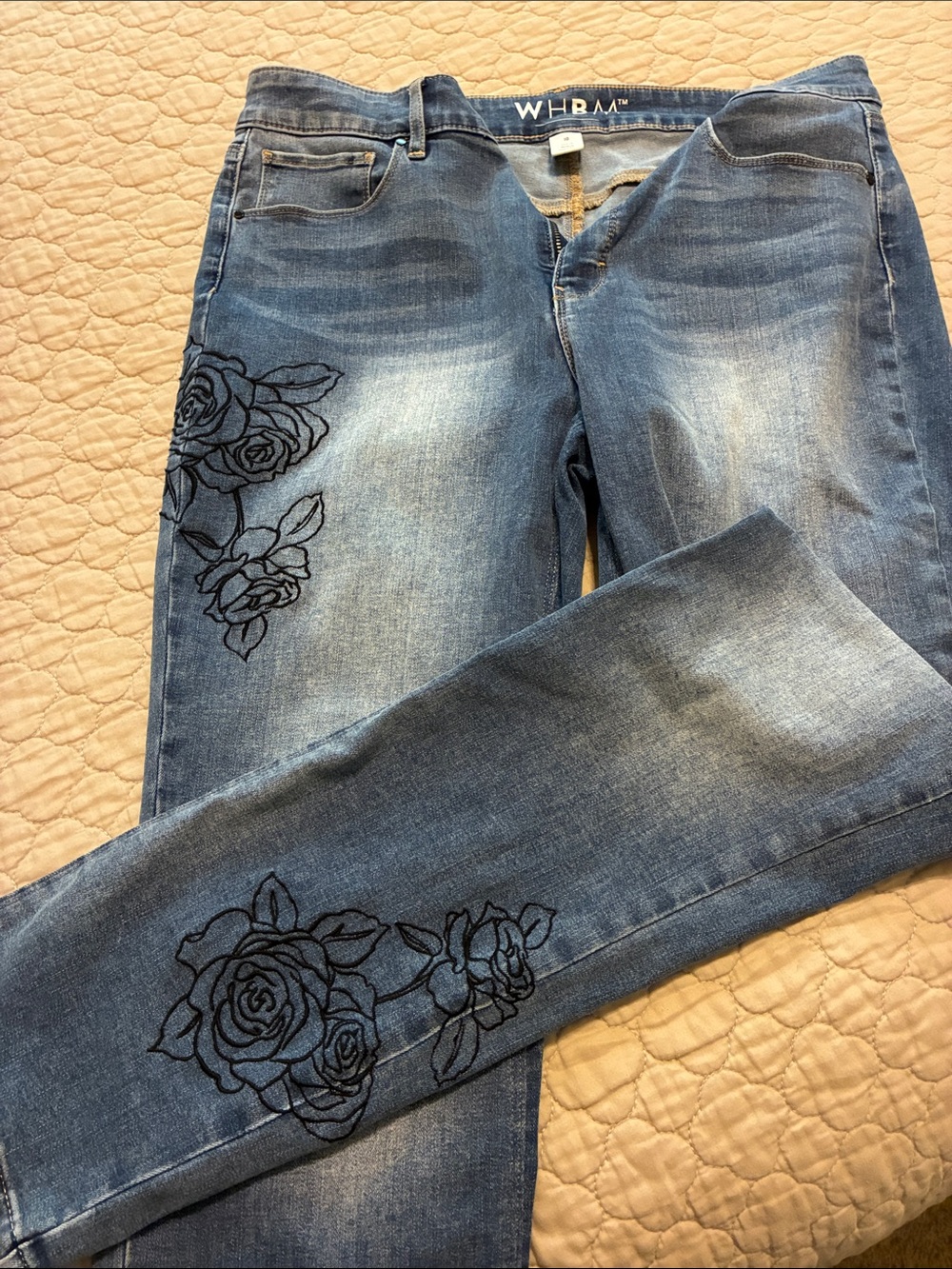 White House Black Market Blue women’s Jeans with Black Rose Embroidery